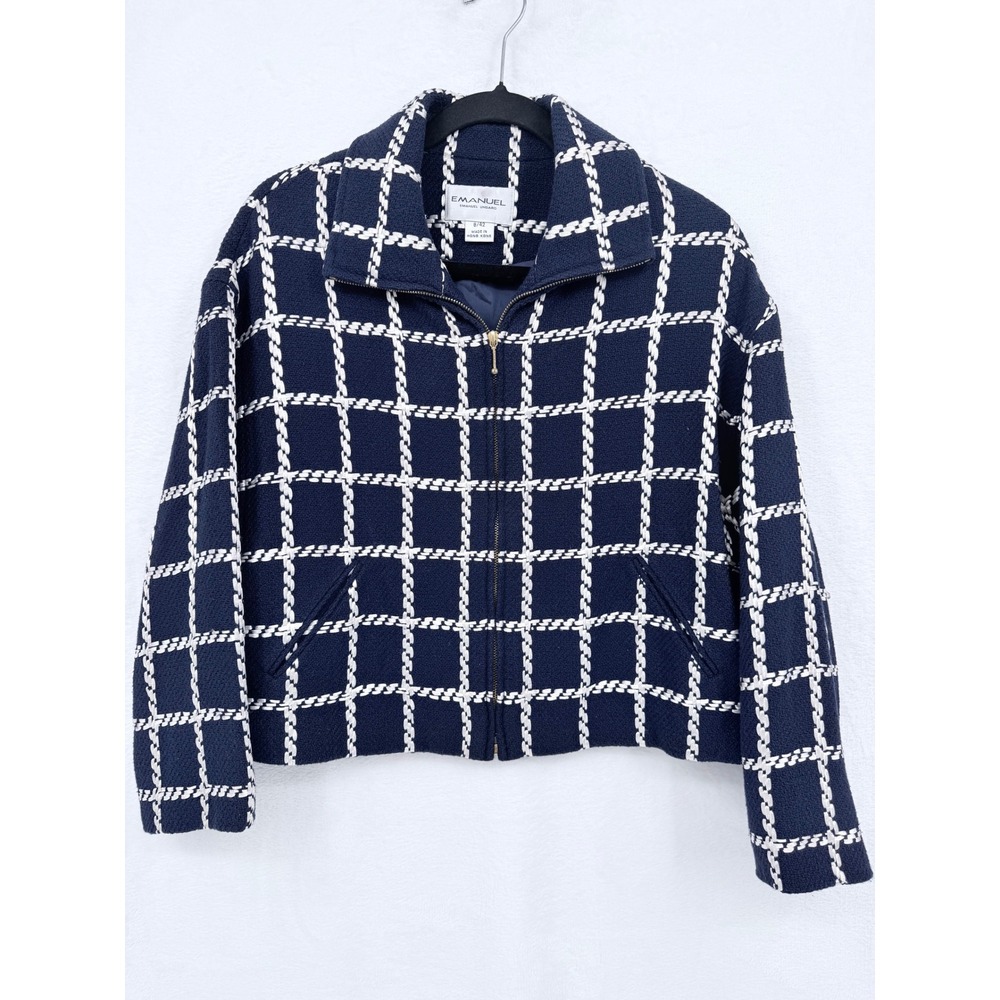 Emanuel by Emanuel Ungaro Navy Blue White Grid Jacket Size 8/42 Old Money